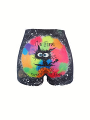 Cat & Letter Print Skinny Shorts for Women