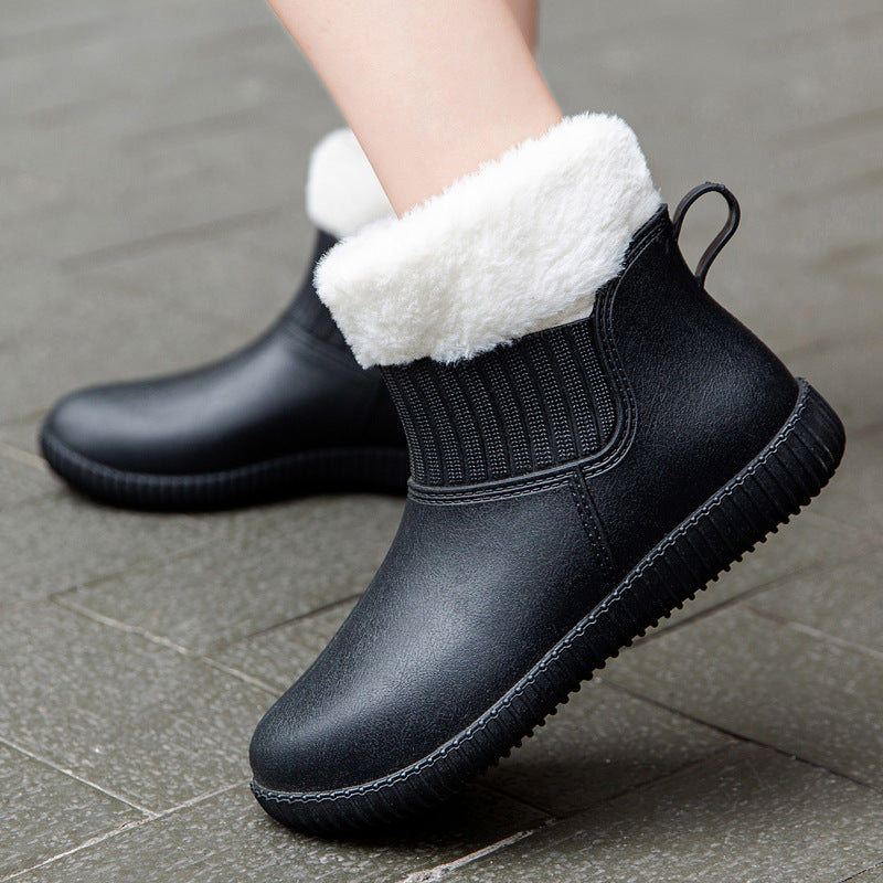 Women's Plush Lined Ankle Rain Boots Waterproof Warm Slip On Shoes