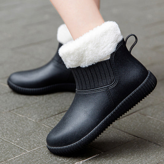 Women's Plush Lined Ankle Rain Boots Waterproof Warm Slip On Shoes