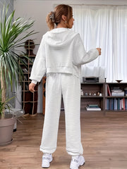 Popcorn Style Textured Two piece Set Zip Up Drawstring Hoodies Sweatshirt