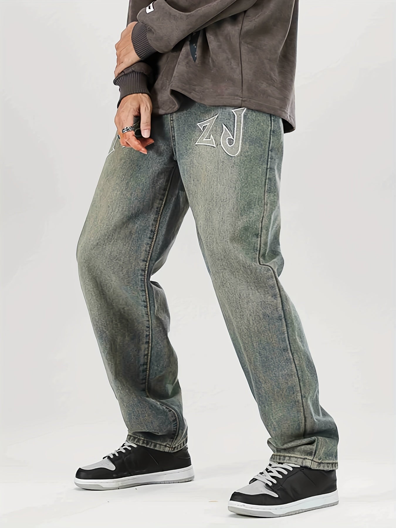 Men's Loose Fit Letter Print Jeans Casual Street Style Denim Pants
