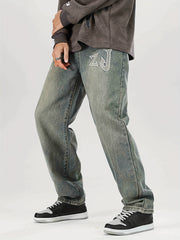 Men's Loose Fit Letter Print Jeans Casual Street Style Denim Pants