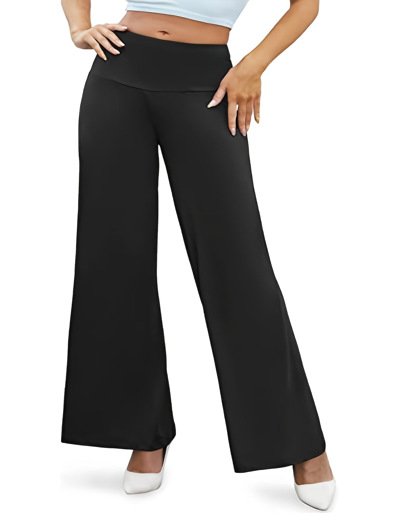 Wide Leg Trousers Solid Elastic High Rise Stretch