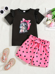 2pcs Toddler Girls Cat Graphic T Shirt & Heart Graphic Shorts Set