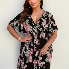 Floral Print Dress Flutter Sleeve Stretchy Casual D