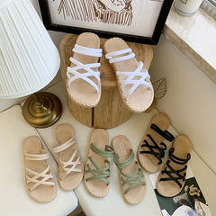 Women's Cross Strap Flat Slides Open Toe Espadrille Beach Sandals