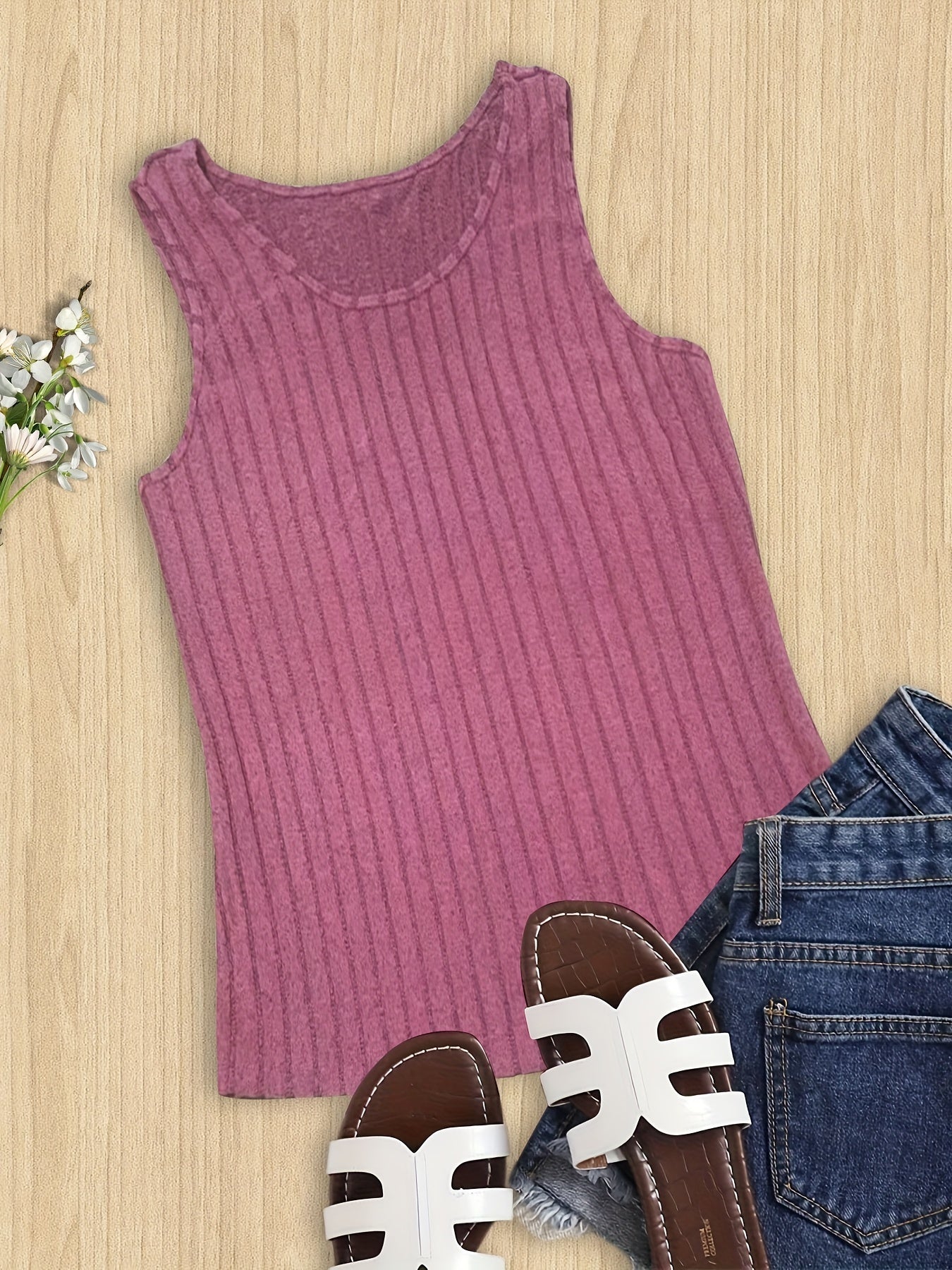 Ribbed Tank Top Round Neck Stretch Vest