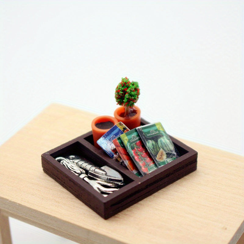 Dollhouse Gardening Set Wooden Box Shovel Potted Plant Seeds for Dollhouse Home