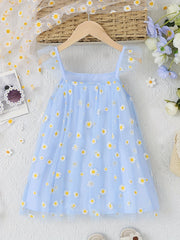 Girls' Daisy Flowers Print Tulle Cami Dress Summer Outfit
