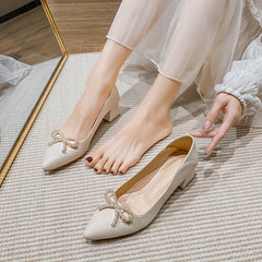 Pearl Bowknot Mid Heel Pointed Toe Pumps