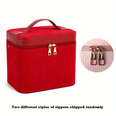 Corduroy Makeup Organizer With Foldable Tray & Handle