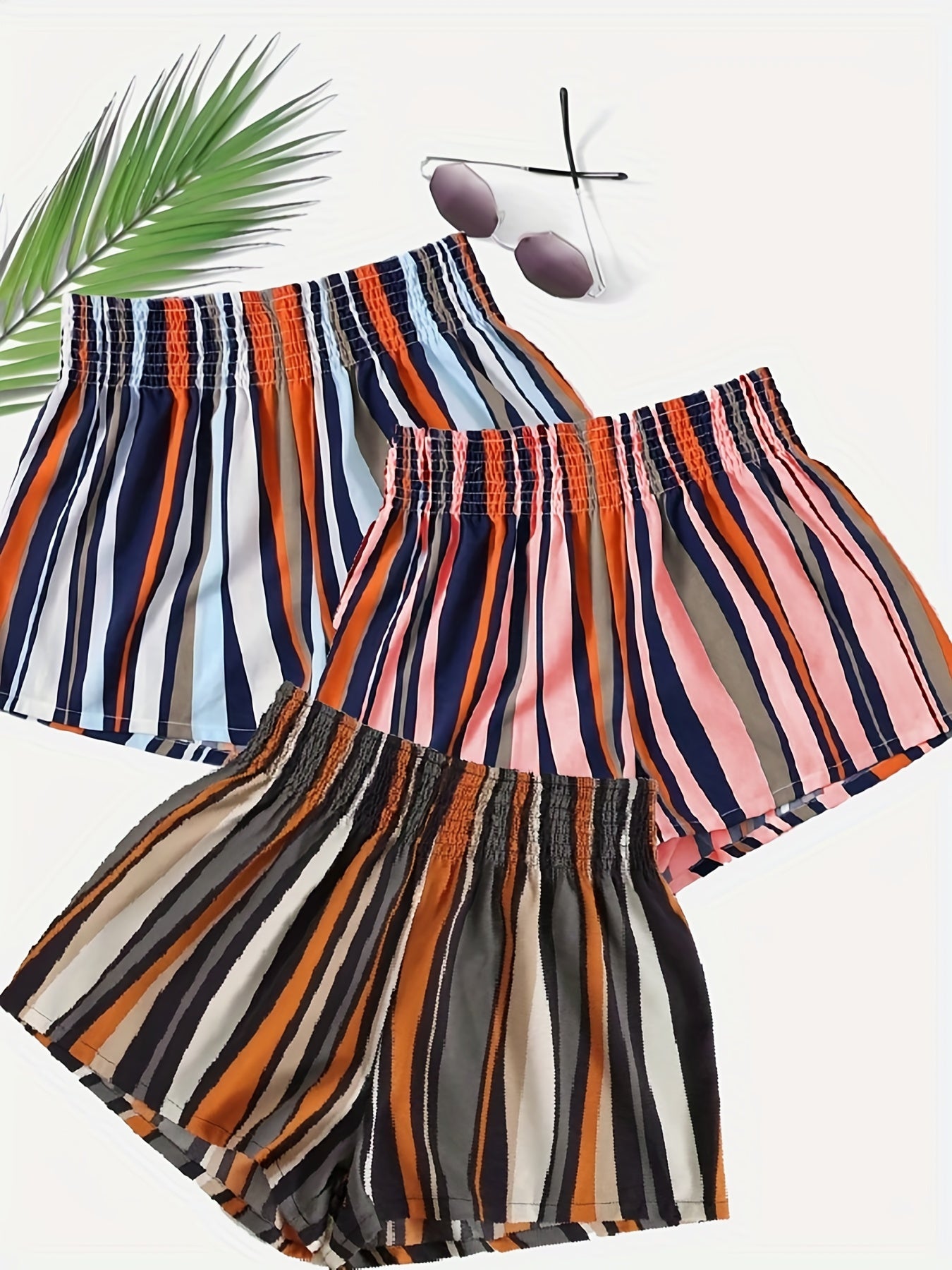 Striped Shorts 3 Pack Shirred Waist Casual Summer Women's Clothing