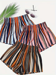 Striped Shorts 3 Pack Shirred Waist Casual Summer Women's Clothing