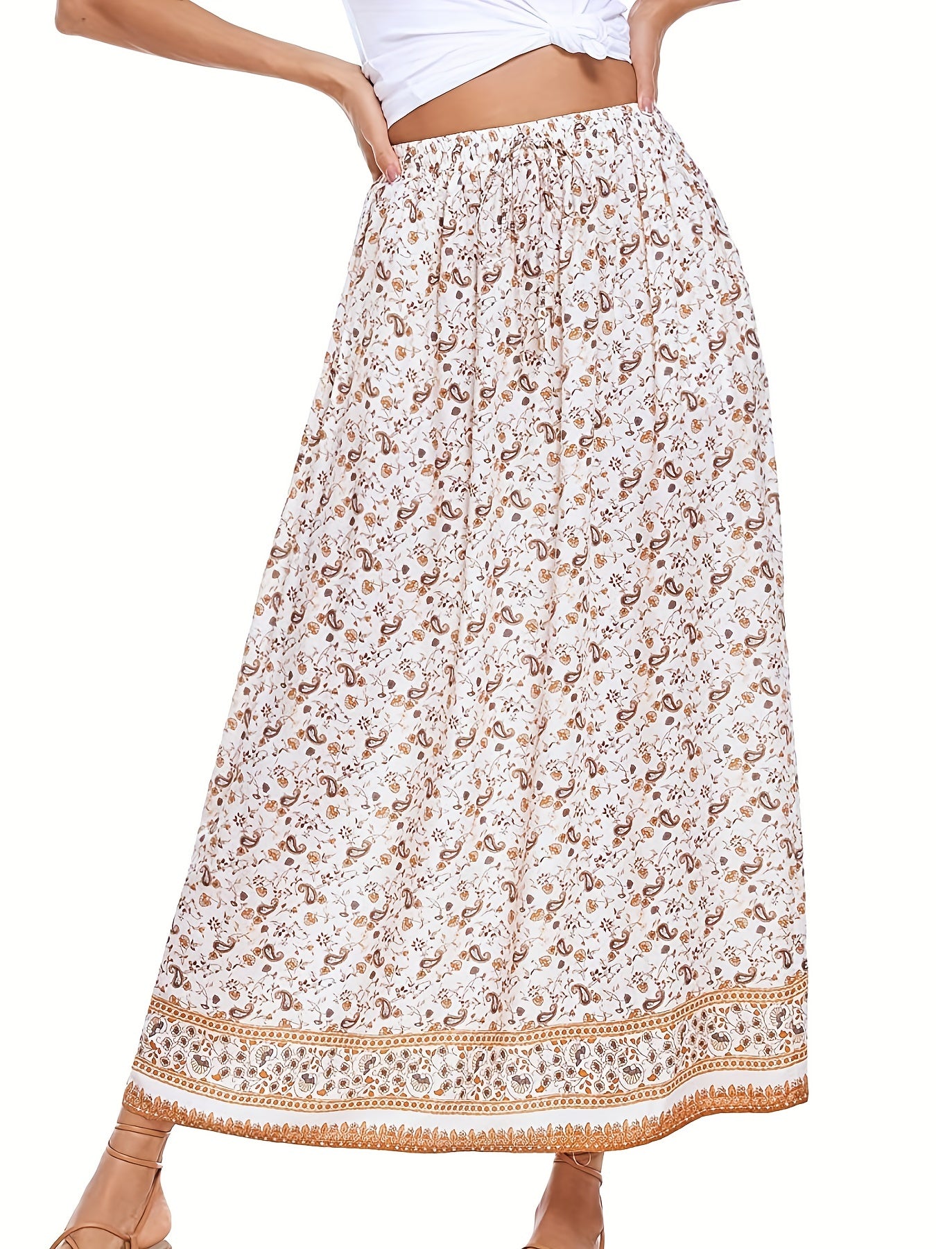 Boho Paisley Print Maxi Skirt Ethnic Elastic Waist High Stretch