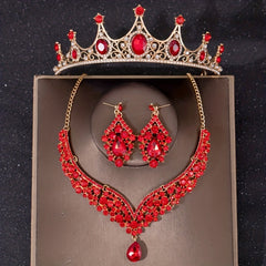 Red Crystal Bridal Jewelry Rhinestone Tiara Set for Women Bride Wedding
