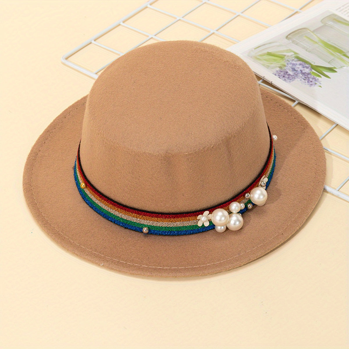 Rainbow Pearl Flat Top Woolen Hat for Adult