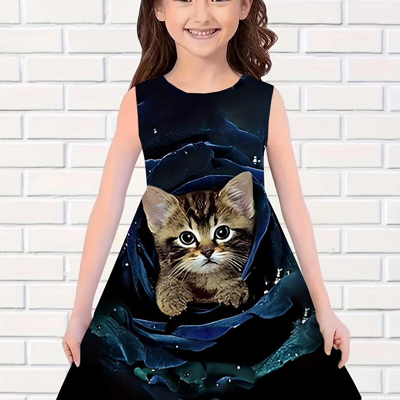 Girls Rose Flower Cat Sleeveless Dress for Summer Party