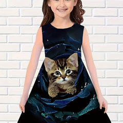 Girls Rose Flower Cat Sleeveless Dress for Summer Party