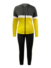 Colorblock Long Sleeve Hooded Zip Up Coat & Leggings Outfit Set