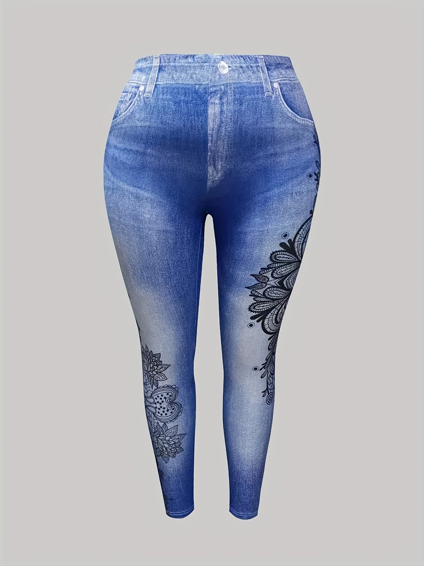 Denim & Floral Print High Rise Leggings