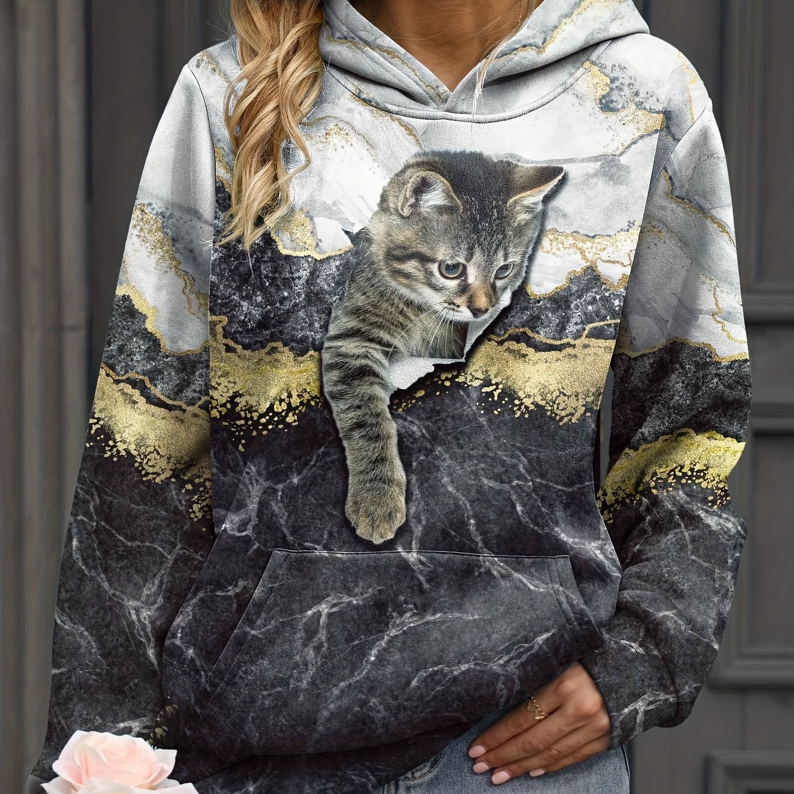 Cat Print Kangaroo Pocket Hoodie for Women