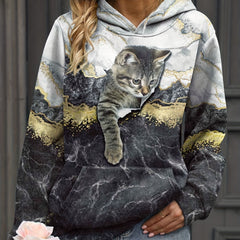 Cat Print Kangaroo Pocket Hoodie for Women