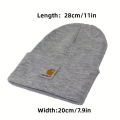 Label Patch Beanie Unisex Solid Knit Hat Warm Skull Cap