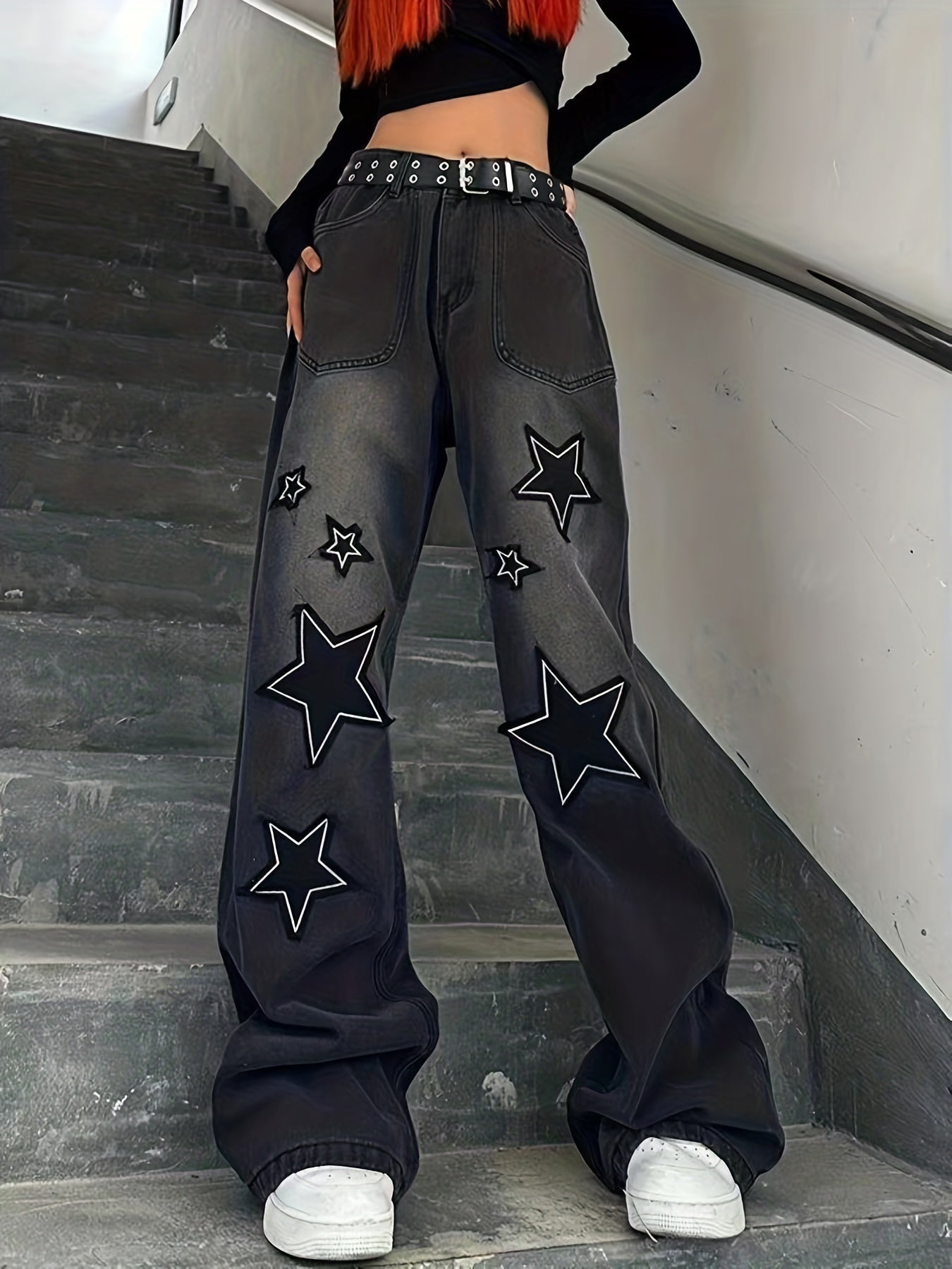 Star Patch Baggy Loose Boyfriend Jeans Dark Wash Zipper Button Closure