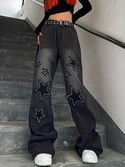 Star Patch Baggy Loose Boyfriend Jeans Dark Wash Zipper Button Closure