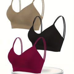 3pcs Solid Ribbed Wireless Bras Double Straps Lingerie