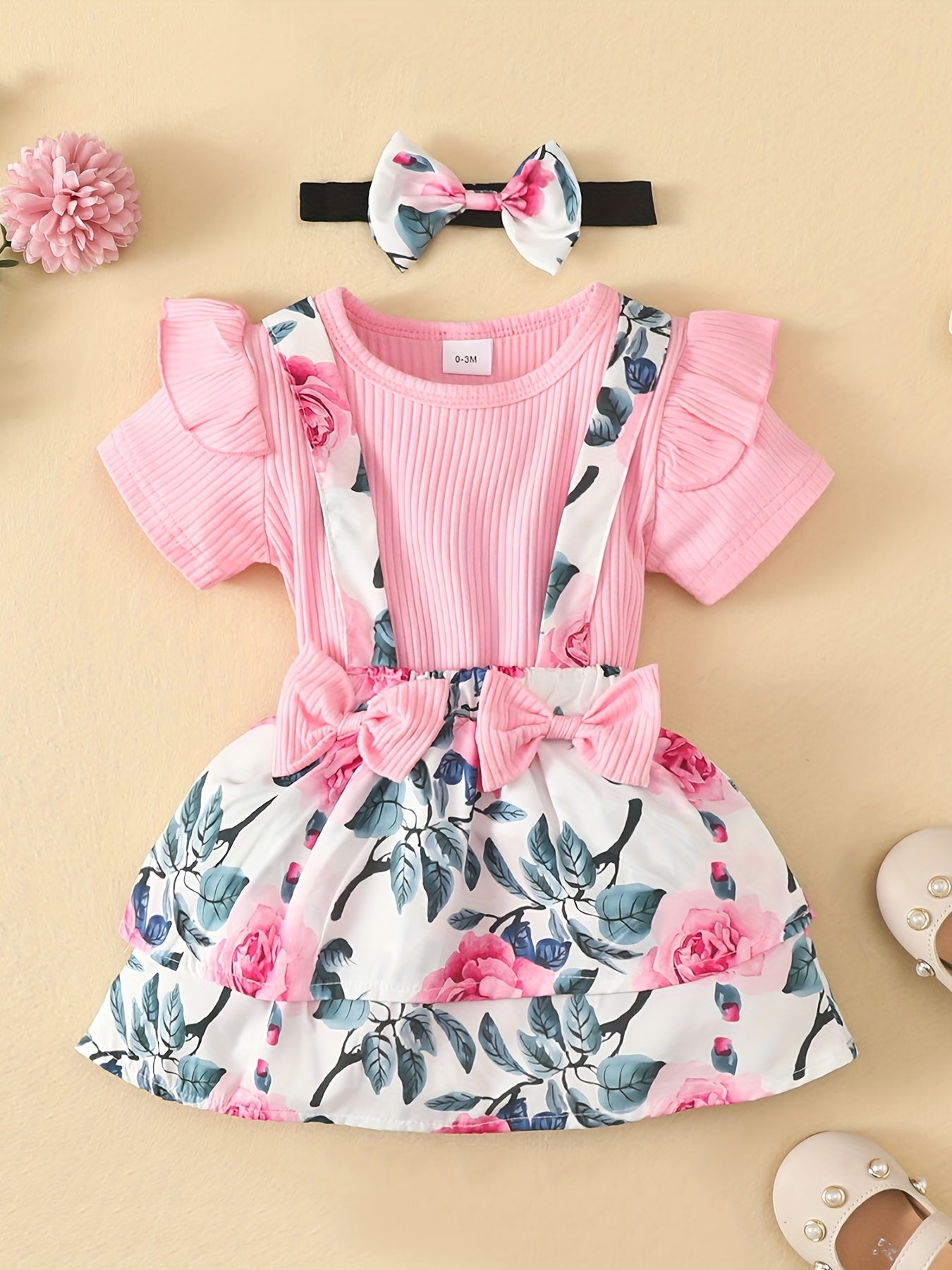 3pcs Baby Girls Short Sleeve Onesie & Floral Suspender Skirt Set