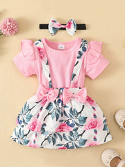 3pcs Baby Girls Short Sleeve Onesie & Floral Suspender Skirt Set