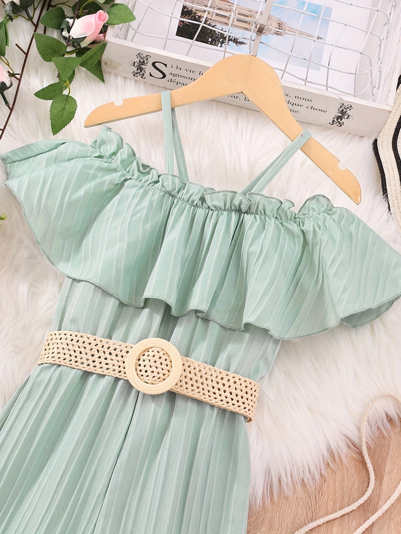 Girls' Ruffle Trim Cold Shoulder Jumpsuit with Belt