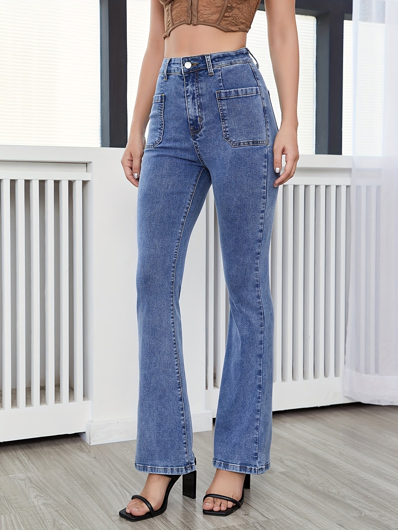 High Waist Flared Jeans with Patch Pockets