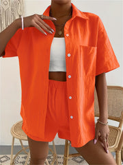 Solid Casual Two-piece Set Button Front Shirt & Shorts