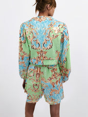 Scrollwork Print Cover Up Set V Neck Beachwear Swimwear