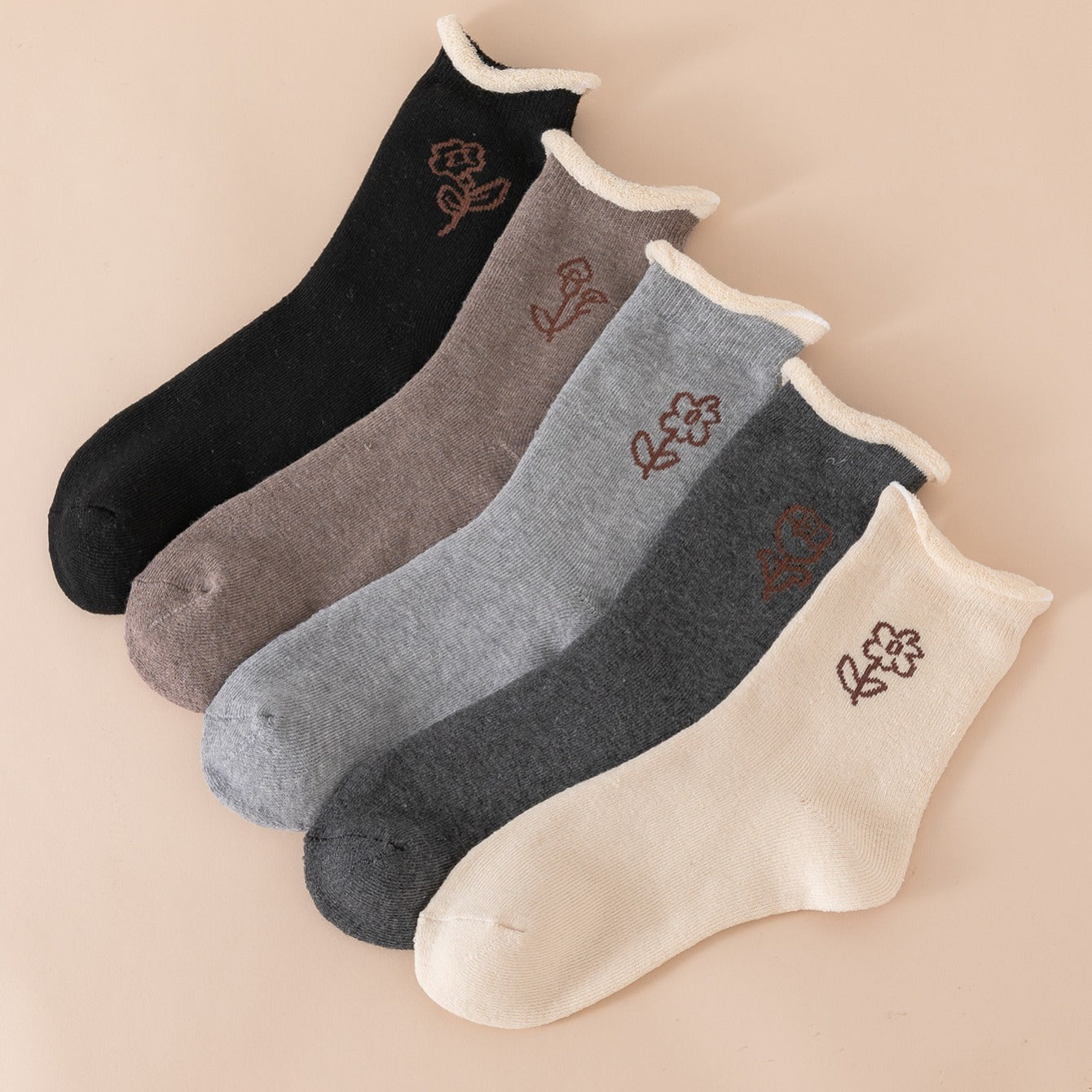 5 Pairs Women's Winter Floral Fuzzy Thermal Mid Tube Socks