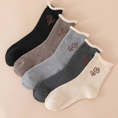 5 Pairs Women's Winter Floral Fuzzy Thermal Mid Tube Socks