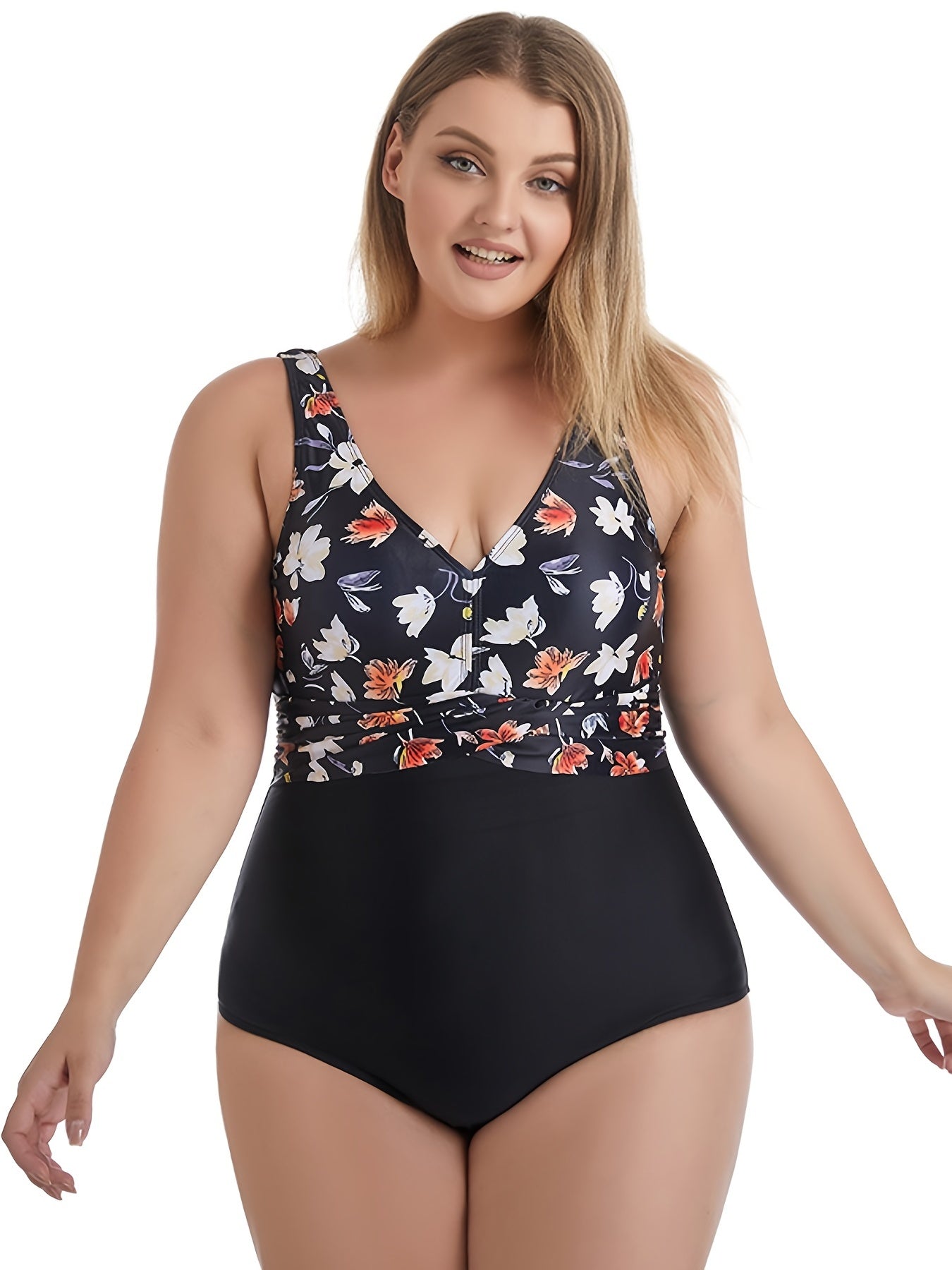Colorblock Floral Print One Piece Swimsuit Plus Size