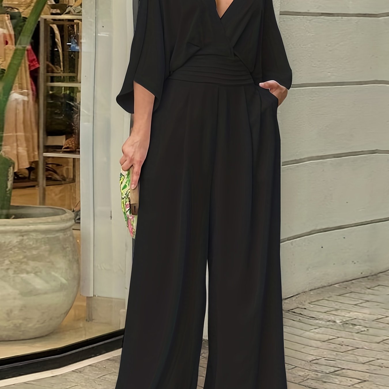 Solid V-neck Wide Leg Jumpsuit for Women