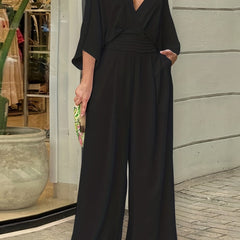 Solid V-neck Wide Leg Jumpsuit for Women
