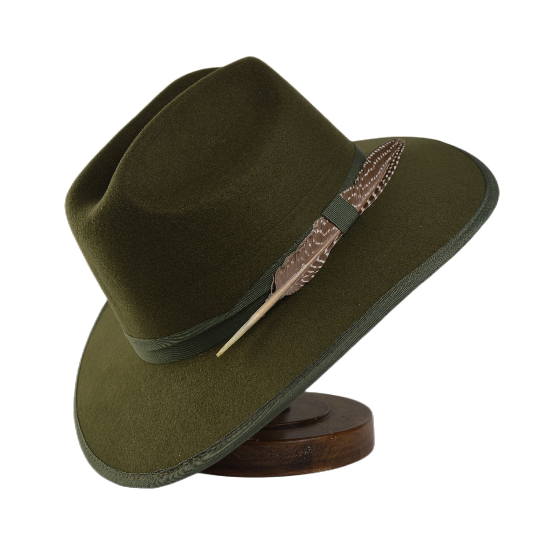 Green Wide Brim Felt Fedora Hat with Band & Feathers