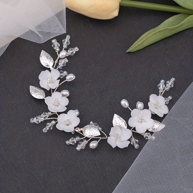 Faux Pearl Bridal Flower Headpiece Leaf Shape Headband Wedding Hair Accessories