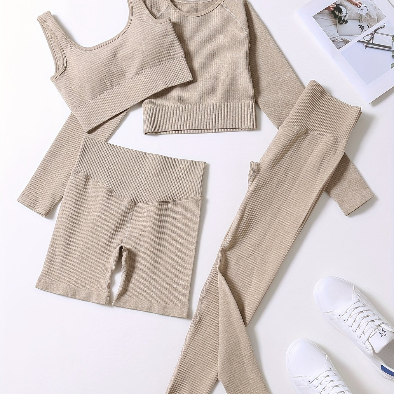 Women's 4 Piece Yoga Set High Waist Leggings & Quick Dry Cropped Top