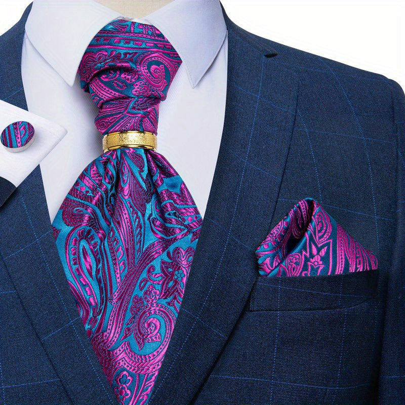 Mens Silk Cravat Set Paisley Ascot Pocket Square Cufflinks