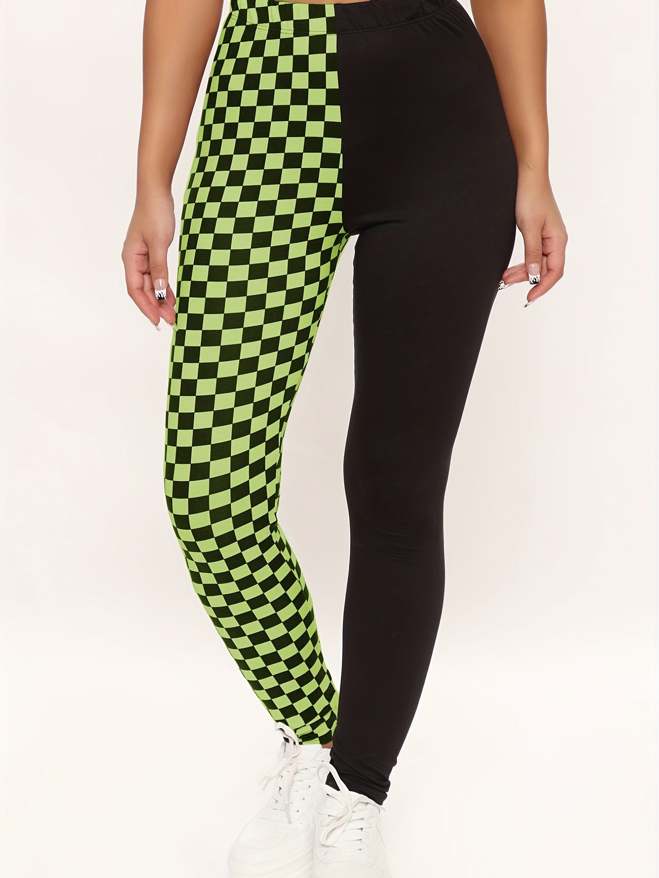 Plaid Print Colorblock Skinny Leggings Casual Every Stretchy Leggings