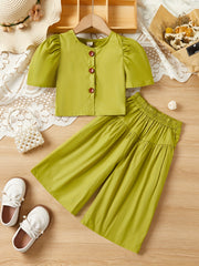 Girls Short Sleeve Cropped Top & Elastic Waist Pants Set
