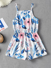 Girls Square Collar Cami Romper Flowers Print Stretch Jumpsuit Kids Summer