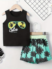 Boy's Sunglasses & Coconut Tree Print Tank Top Shorts Set