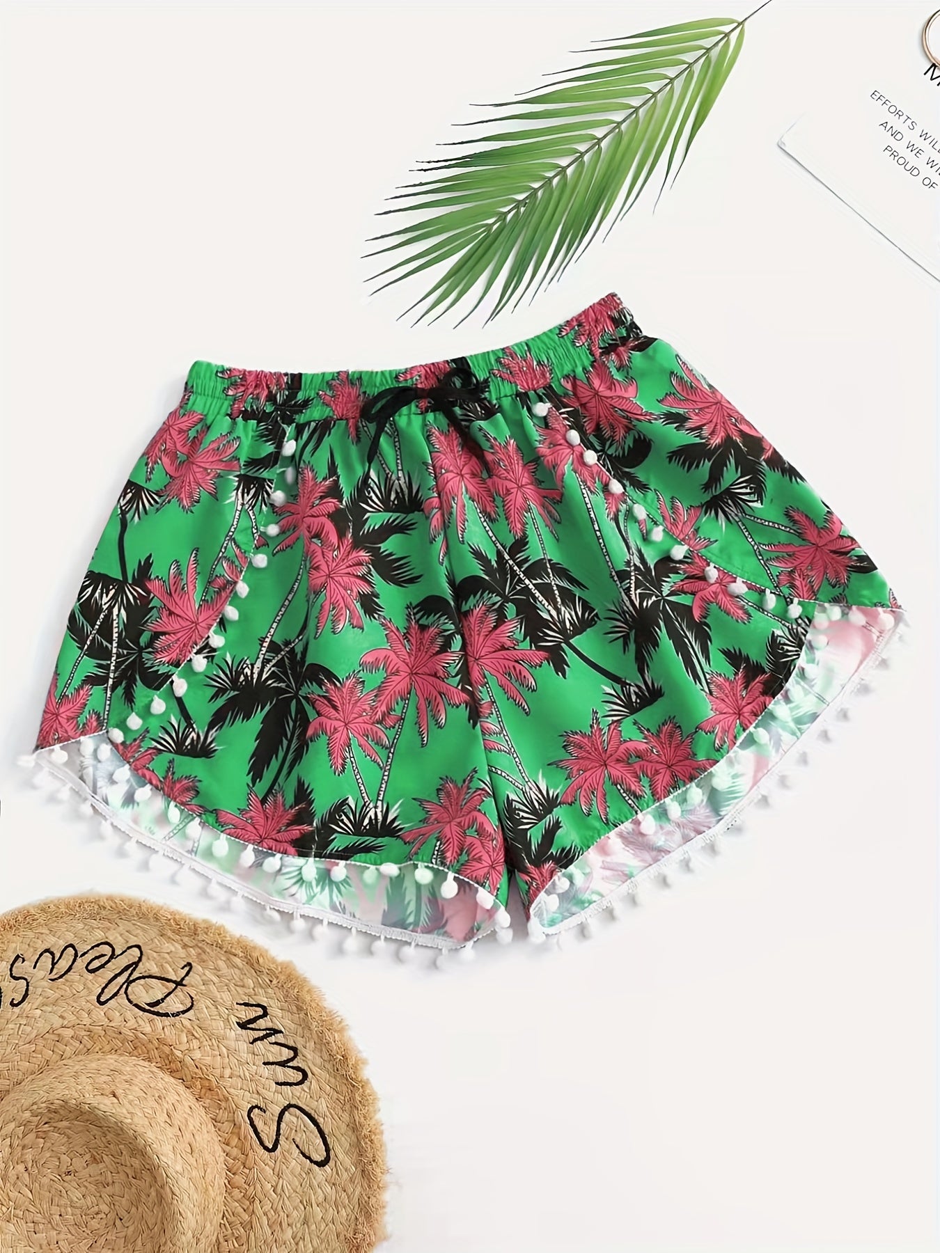 Vacay Shorts Women's Plus Tropical Print Mini Bow Pompom Trim